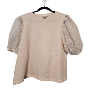 Maeve Anthropologie Womens Puff Sleeve Top XLG Ivory Clip Dot Coquette Boho